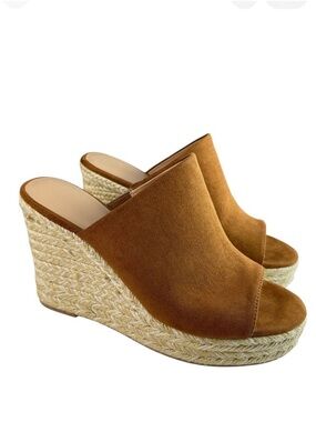 JF Anaya Women’s Espadrille Wedge Sandals 10 Camel Faux Suede Slip‑On Platform